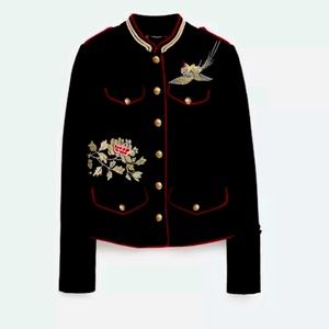 Zara Trafaluc Black Military Style Embroidered Blazer